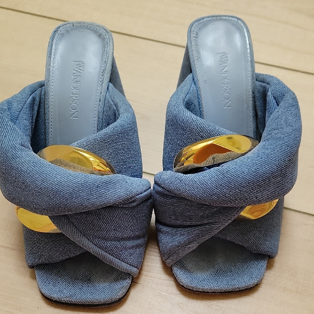 JW ANDERSON Blue Denim Mules with Gold Detail